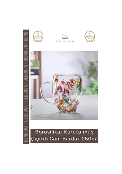Bardak Çift Camlı Kurutulmuş Çiçekli Estetik Dekoratif Şık Tasarım Handmade Bardak 250 Ml Çok Renkli