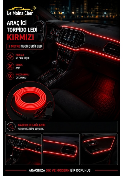 Skoda Fabia Ambition Araç İçi Torpido Ledi Kırmızı 2 Metre Neon Ip Şerit Led