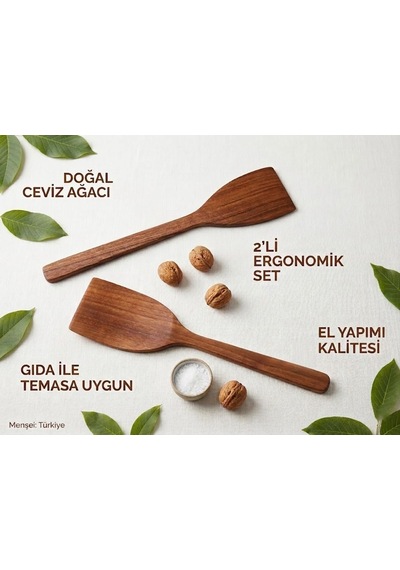 El İşçiliği Ceviz Spatula Seti 2'li Mutfak Gereçleri Mutfakta Sanat Ve Fonksiyonelliğin Buluşması Doğanın Diğer