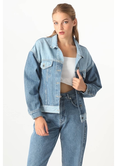Kadın Renk Bloklu Oversize Jean Ceket Mavi 001