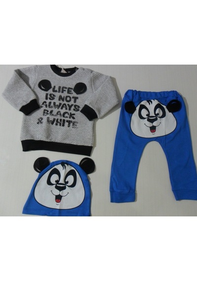Beyzababykids Mevsimlik Erkek Bebek Panda Baskılı Şapkalı 3'Lü Takım 6-12 Ay Gri - Mavi