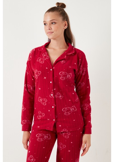 Lela Standart Fit Düğmeli Polarlı Bayan Pijama Takımı 6095616 Kırmızı