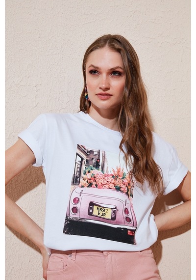 Unisex Örme Oversize Pink Woswos Basklı Beyaz T-shirt. Beyaz