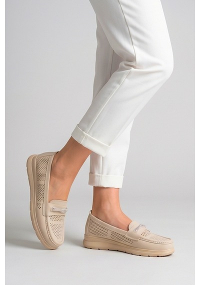 Aura Comfort Ortopedik Tabanlı Işıltı Detaylı Kadın Krem Günlük Casual Loafer Ayakkabı