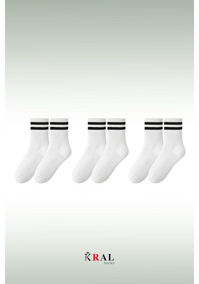 Kral Socks Erkek Kadın 3 Çift Çizgili Kolej Tenis Çorabı Pamuklu Terletmez Çorap Beyaz