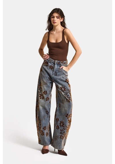 Itsbasic Kadın T.kot Rengi S5-8 Özel Flok Desenli Skater Fit Tasarım Denim Jean Kırmızı
