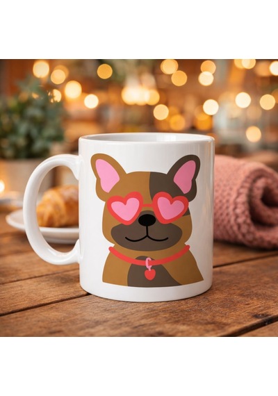 Sevimli French Bulldog Desenli Porselen Kupa Model 48 Kalpli Gözlüklü Köpek Tasarımı,  Kupa,