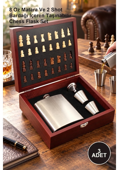 3 Adet Ahşap Kutulu Satrançlı Matara Seti 8 Oz Matara Ve 2 Shot Bardağı İçeren Taşınabilir Chess Flask Set