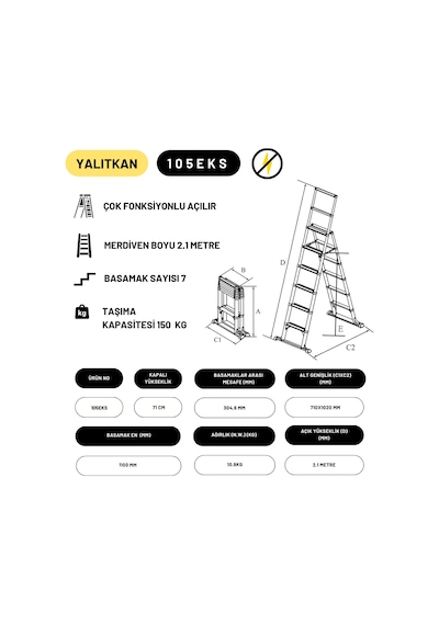 2.1m Kevlar Yalıtkan Çok Fonksiyonlu Merdiven 20ackv - 105eks