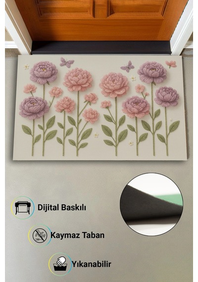 Valerine Life İplikten Düşler Nakışlı Şakayık Çiçekler Welcome Hoş Geldiniz Dijital Baskı Kapı Önü P Kahverengi