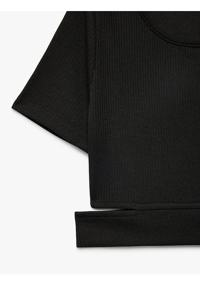 Koton Pencere Detaylı Kısa Kollu Bisiklet Yaka Crop Tişört Siyah 6skg10499ak
