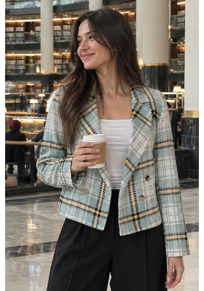 Armonika Kadın Yeşil-sarı Kruvaze Yaka Tüvit Crop Ceket Arm-24k001014