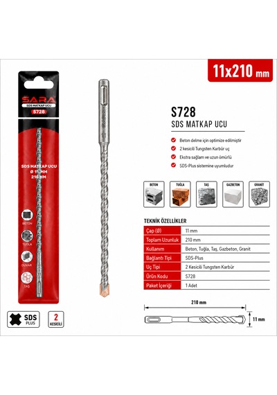 Sara S728 Sds Plus Matkap Ucu 11 X 210 Mm, 2 Kesicili Tungsten Karbür Uçlu