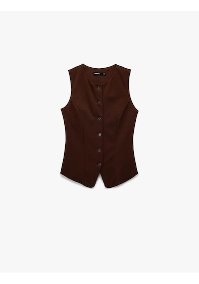 Koton V Yaka Düğmeli Slim Fit Kahverengi Kadın Yelek 6wak30093ek Kahverengi