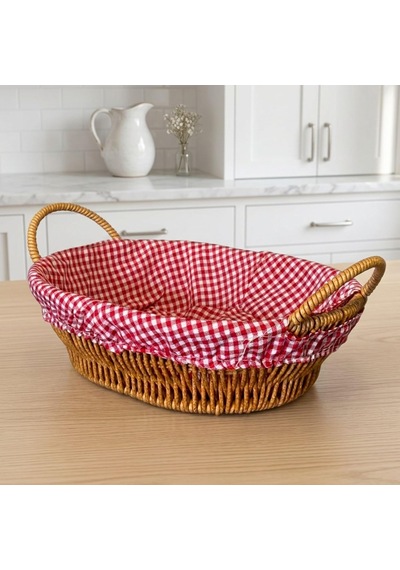Oval Hasır Ekmeklik Sepeti Kumaş Astarlı Dekoratif Sofra & Kahvaltı Ekmek Sepeti - Açık Renk Çok Renkli