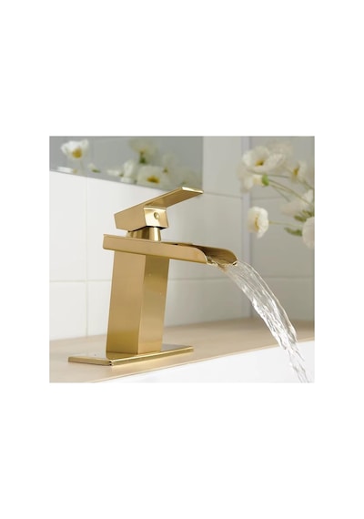 Rena Design Lavabo Bataryasi Mat Gold Şelale Kare Gövde Eğimli Havza Banyo Armatür Çift Giriş Lüks Ergonamik