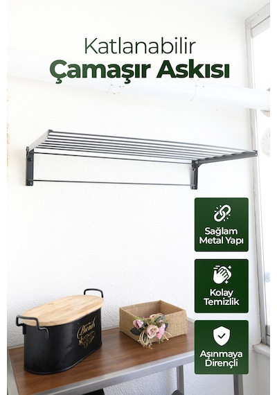Duvara Monte Katlanabilir Çamaşır Askısı - 85x40 Cm - Gri