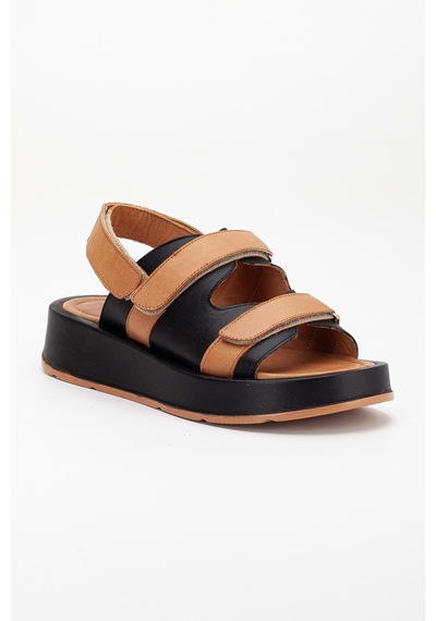 Analin Shoes Kadın Hakiki Deri Cırtlı Kalın Taban Sandalet Siyah