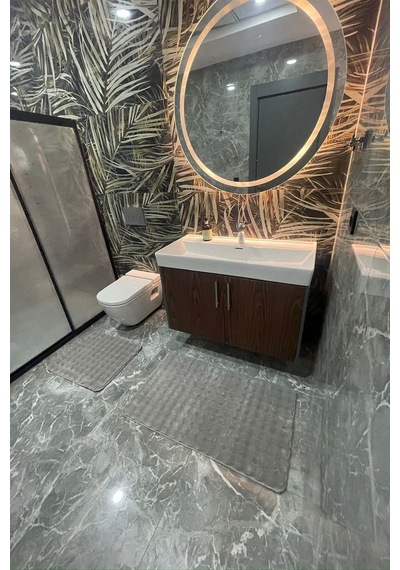 Modern Bubble Yıkanabilir Kaymaz Peluş Banyo Paspası Halısı 2'li Klozet Takımı 60x100 Ve 50x60 Gri