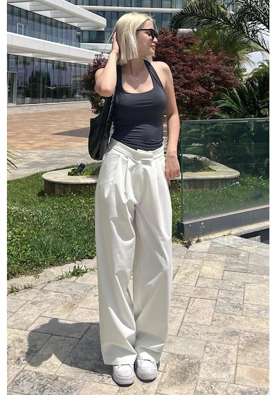 Madmext Beyaz Yüksek Bel Rahat Kesim Bol Paça Pantolon Mg2120-beyaz Beyaz