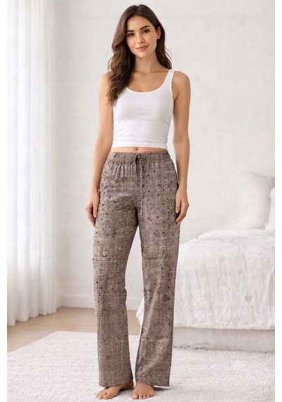 Viskon Pamuklu Kadın Gri Desenli Pijama Pantolon - Mg011 - Mudanis