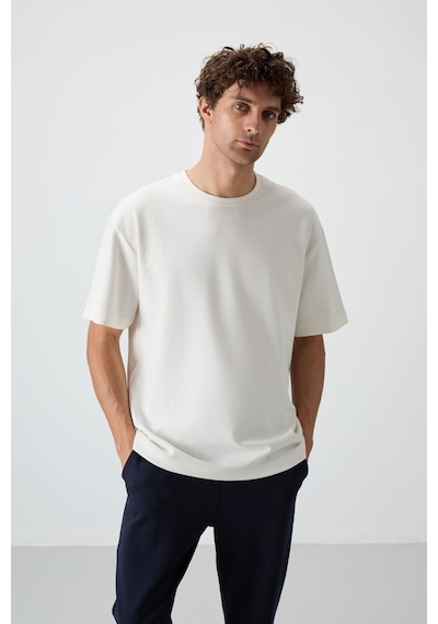 Tommy Life Ekru - Lacivert Pamuklu Kalın Yumuşak Dokulu Oversize Fit Basic Erkek Eşofman Takım - 85251 Ekru