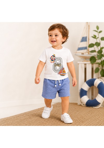 Tucankids Erkek Bebek Beyaz Baskılı Mavi Şortlu İkili Takım %100 Pamuk Ekru - Mavi