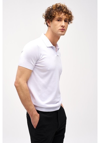 Beyaz Slim Fit Dar Kalıp Polo Yaka Düz Kısa Kollu Triko Tişört-16331 Beyaz