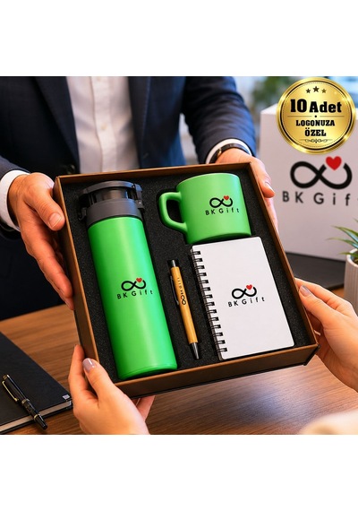 Logonuza Özel 10 Adet Ahşap Kutulu Yeşil Kurumsal Hediye Seti Cam Suluk, Seramik Fincan, Defter Ve Kalemli Promosyon Seti