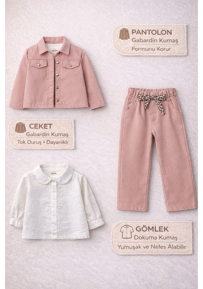 Harika Kids Kız Çocuk Gabardin Ceketli Takım Düğmeli Dokuma Gömlekli, Beli Lastikli Kemerli Pantolon 2-5 Yaş Pudra
