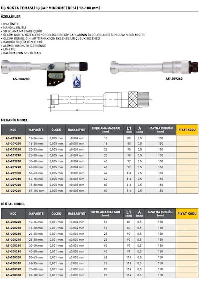 Fett As-208250 16-20 mm Asimeto Dijital 3 Nokta Temaslı İç Çap Mikrometresi