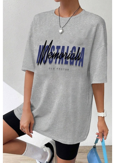 Unisex Nostalgia Baskılı Oversize Tshirt Gri