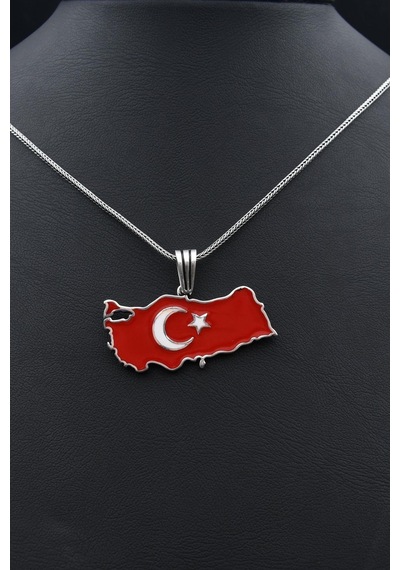 Türk Bayrağı Ay Yıldızlı Mineli 925 Ayar Gümüş Kolye Zincir 901119