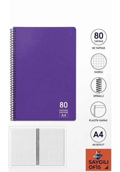 Saygılıofis 80 Yaprak A4 Spiralli Pp Kapak Kareli Defter Sarı