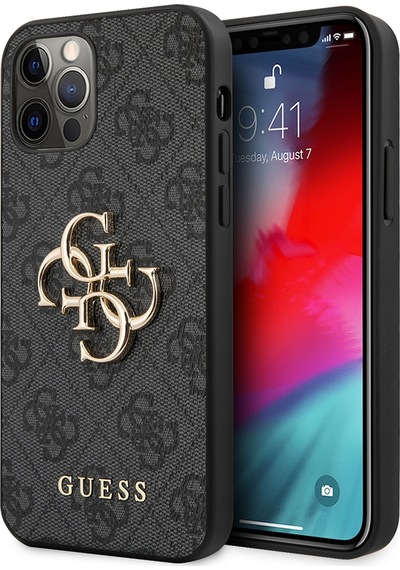 Apple Uyumlu iPhone 12 Pro Max Kılıf Guess Lisanslı Pu Deri Büyük Metal Logo Dizaynlı Kapak Gri