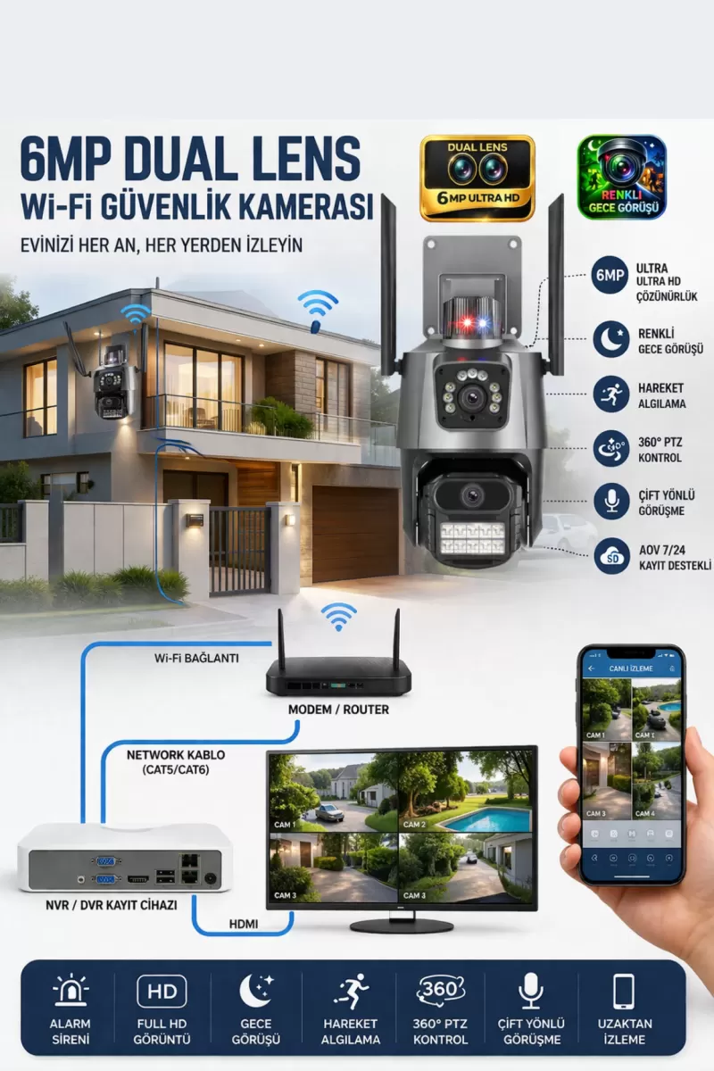 Xpro 1 Kamera 2 Lens Kablosuz Wifi Güvenlik Kamerası Seti Nvr Kayıt Cihazı Gece Görüşlü Ip Kamera Seti 08822067