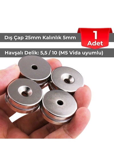 1 Adet Neodyum Mıknatıs Dış Çap 25mm Havşalı Delik 5,5mm Kalınlık 5mm D25xd5,5/10x5 N149