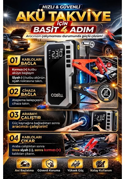 Cs68 Plusmax 12000mah Akü Takviye Ve Lastik Şişirme Kompresörü 4'ü 1 Arada Araç Jump Starter, Powerbank, Led