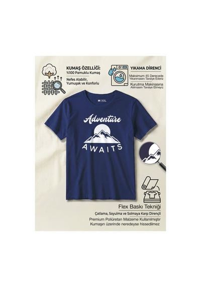 North Whiskers Adventure Awaits Doğa Ve Kamp Temalı Baskılı %100 Pamuklu T-shirt Lacivert - 874905630 Lacivert - 874905630 Lacivert