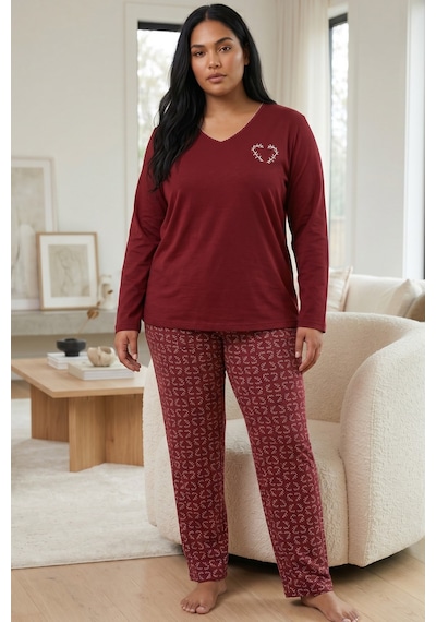 Siyah İnci Nakışlı Pamuklu Likralı Büyük Beden Battal Boy Örme Pijama Takım 26240905 Bordo