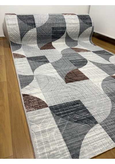 Kaymaz Taban Gri Kahve Modern Geometrik Yıkanabilir Salon Mutfak Koridor Yolluk Halı Gri-kahve