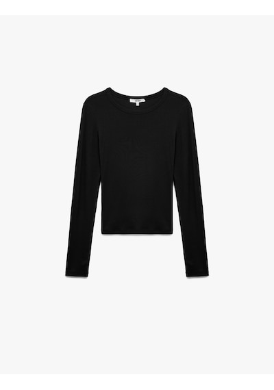 Koton Viskon Slim Fit Uzun Kollu Bisiklet Yaka Tişört Siyah 7wak50005ek