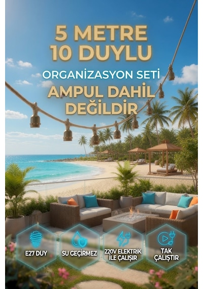 5 Metre 10 Duy Organizasyon Seti E27 Su Geçirmez 220v Bahçe Teras Festoon Ampulsüz Dış Mekan Işık Zinciri Siyah