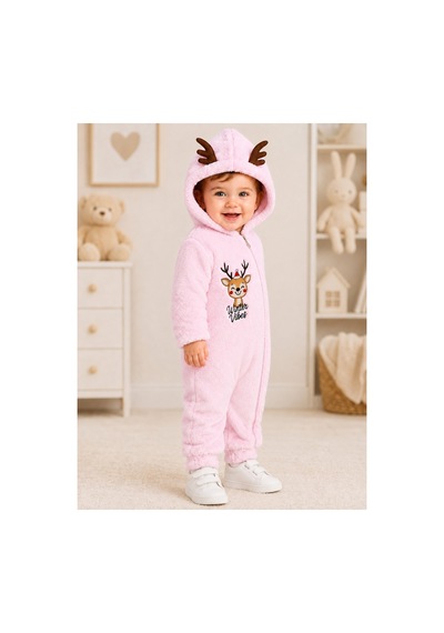 Tatlı Geyik Nakışlı Welsoft Peluş Kapüşonlu Fermuarlı Kışlık Unisex Bebek Tulumu 40212 Pembe