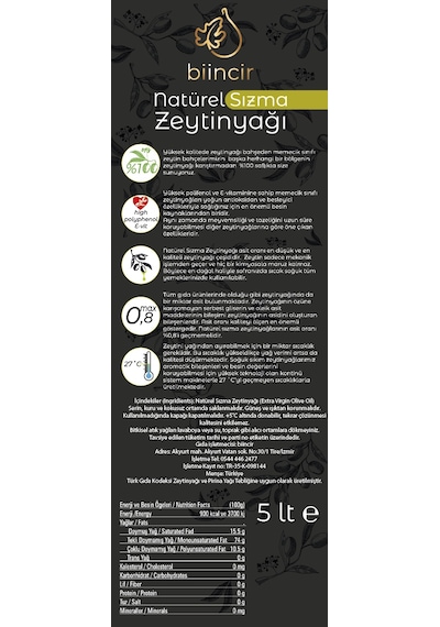 Biincir Naturel Sızma Erken Hasat Soğuk Sıkım Zeytinyağı 5 L