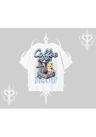 Tarzsokak Coffee Meow Kahve Temalı Kedi Arka Baskılı Oversize Tshirt Beyaz Tarzsokak Coffee Meow Kahve Temalı Kedi Arka Baskılı Oversize Tshirt Beyaz
