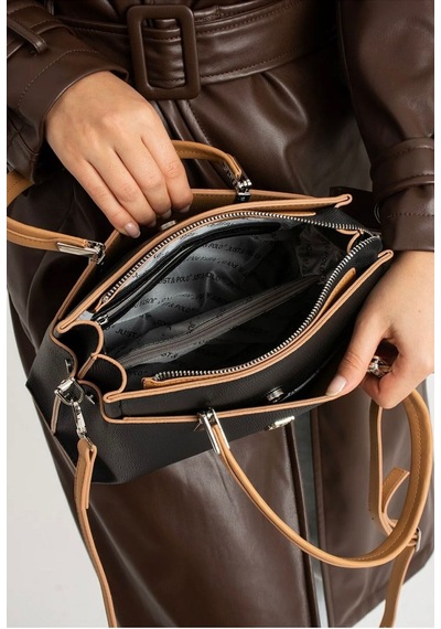 Just Polo Kadın Siyah Camel Gofraj Kabartma Desenli Mıknatıslı Çıtçıt Kapama El Çantası Mh4031mh Siyah - Camel