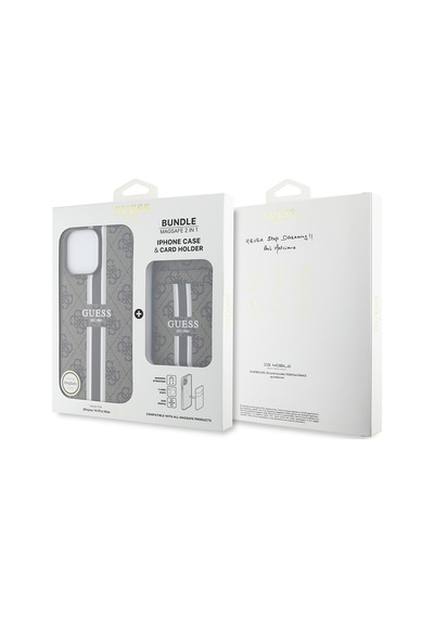 Apple Uyumlu iPhone 14 Pro Max Kılıf Guess Lisanslı Magsafe Özellikli 4g Desen Çizgili Kartlıklı Kapak Kahverengi