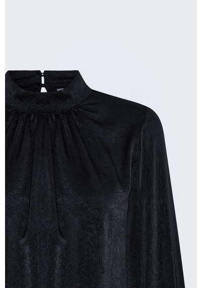 Sateen Uzun Kollu Bluz - Siyah-137967
