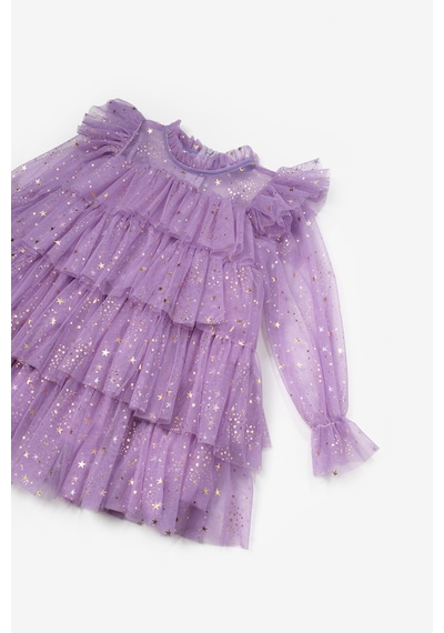 Le Mabelle Lila Varak Yıldız Baskılı Katlı Kız Çocuk Elbise Mor